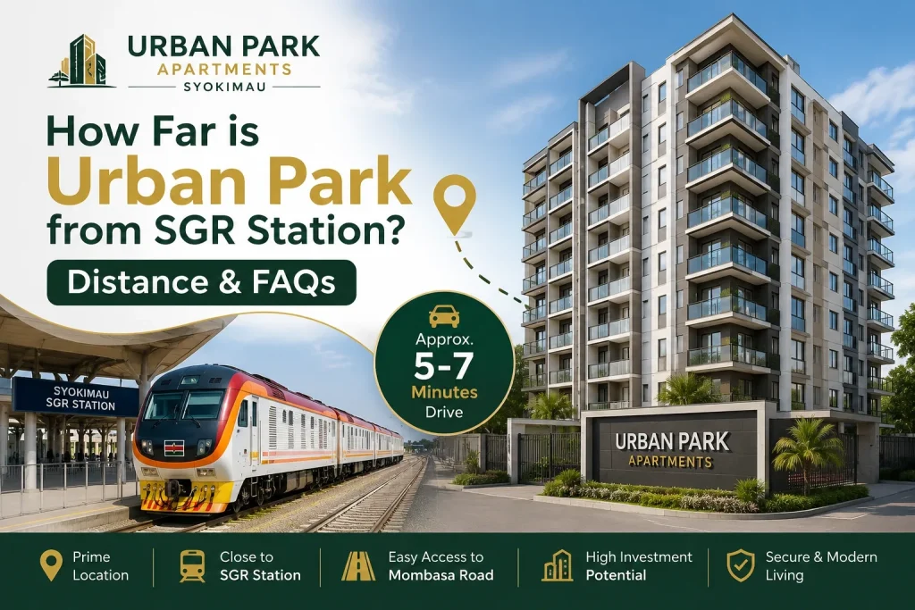 Infographic showing Urban Park Apartments Syokimau is 3.1 km (2.4 km straight line) from SGR Syokimau Station via Airport Road to Mombasa Road past Gateway Mall to Katani Road near Galaxy Hotel - driving 6-8 mins, boda boda KES 100-150, walking 32-38 mins